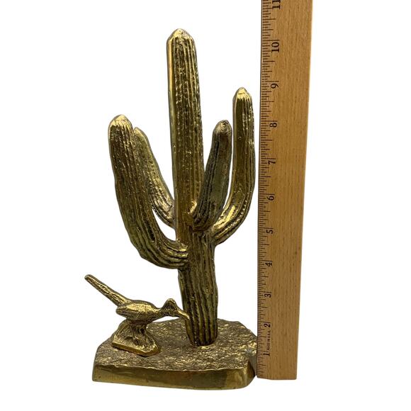 Vintage Brass Saguaro Cactus Roadrunner Statue Southwestern Decor 60s MCM - Picture 6 of 7